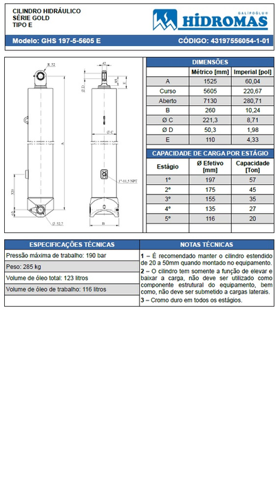 Cilindro hidraulico 197 5 tramos 5605apertura guerra semi cazamba - Vista 3