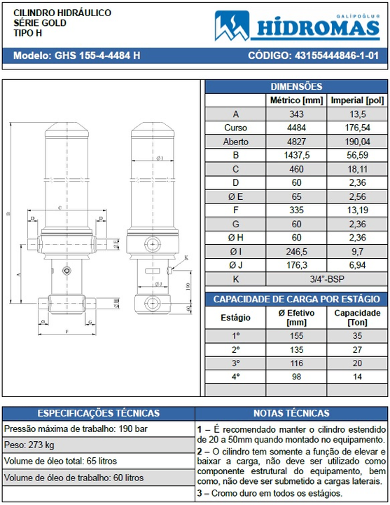 Cilindro hidraulico invertido 155-4-4484h caja camion/ zorra - Vista 3